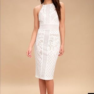 Nude and White lace bodycon midi dress